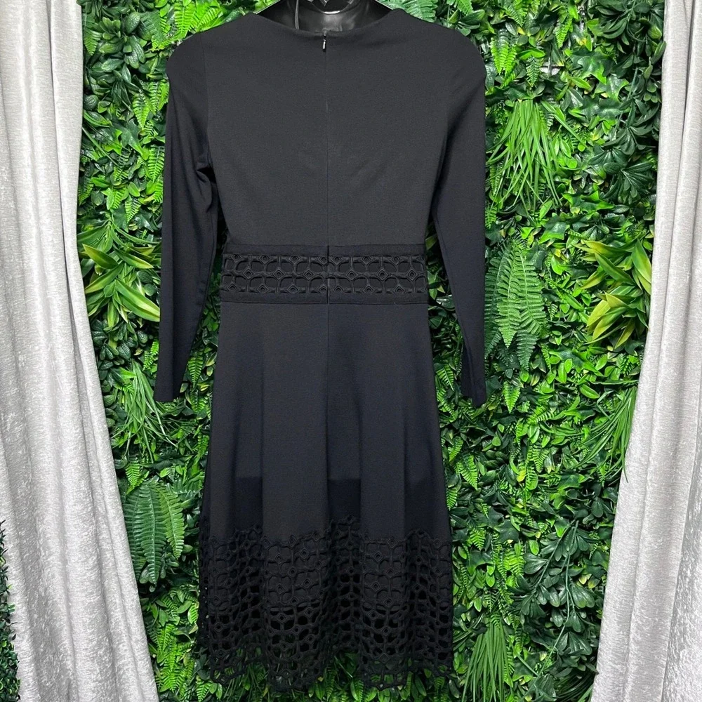 Lela Rose Dress Size 16 Black Lace Cutout Waist Hem Long Sleeve A-Line Midi 3770